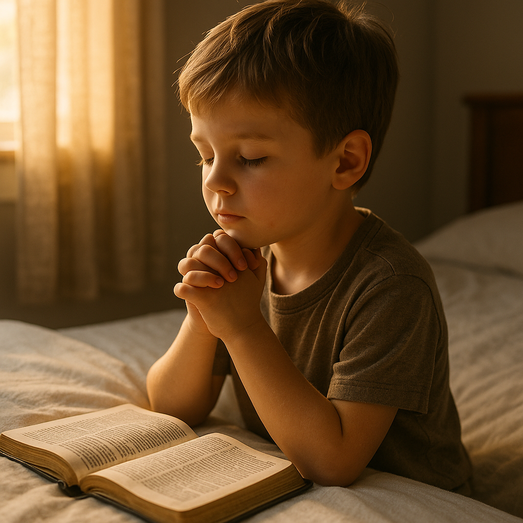 Niño orando con el libro al lado por la mañana